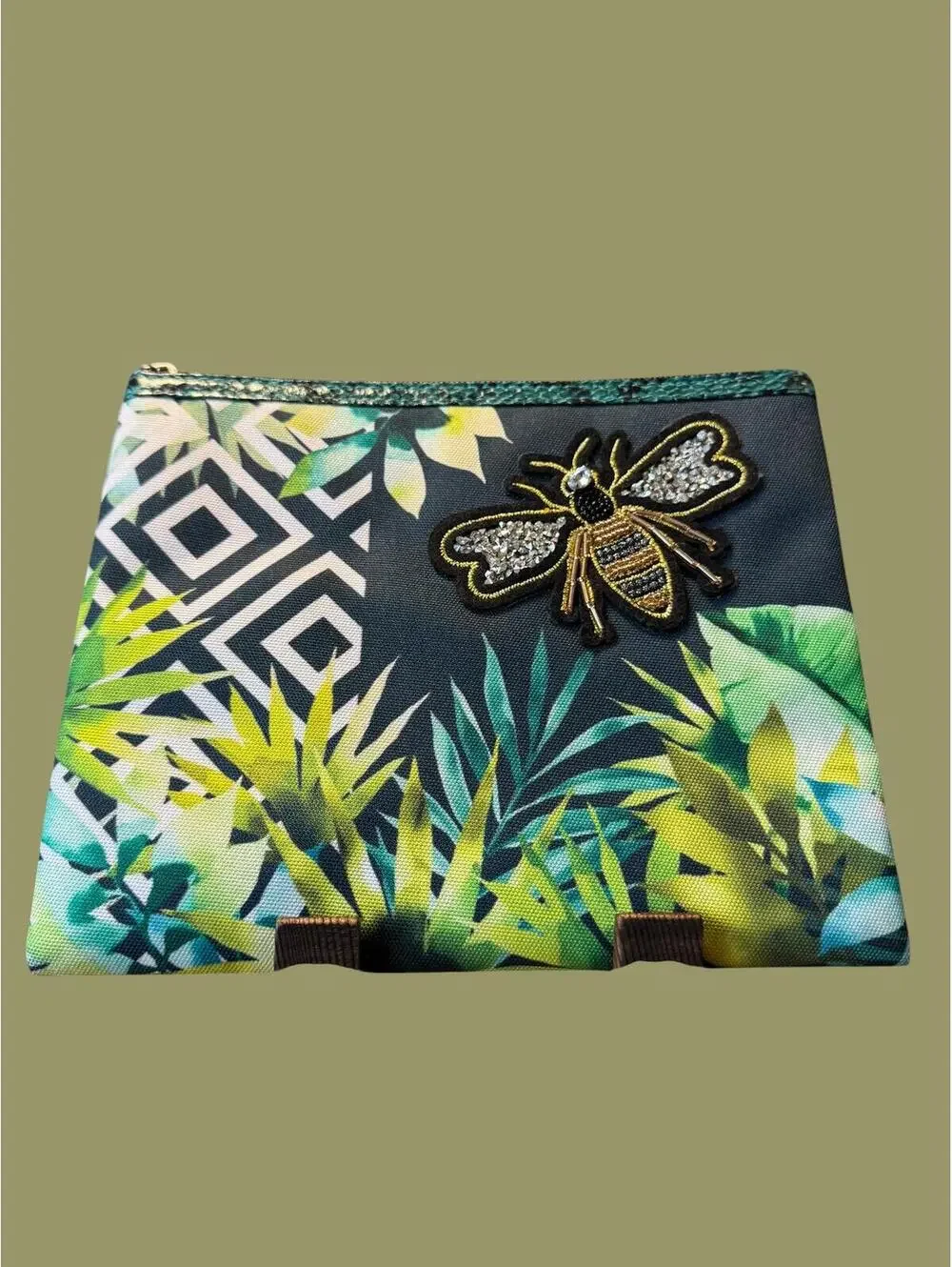 Papyrus Tropical Print Zip Pouch Clutch with Bee Embellished